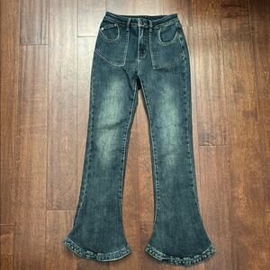 Elf Sack Blue Flare Leg Jeans with Rounded Hem, Size Small